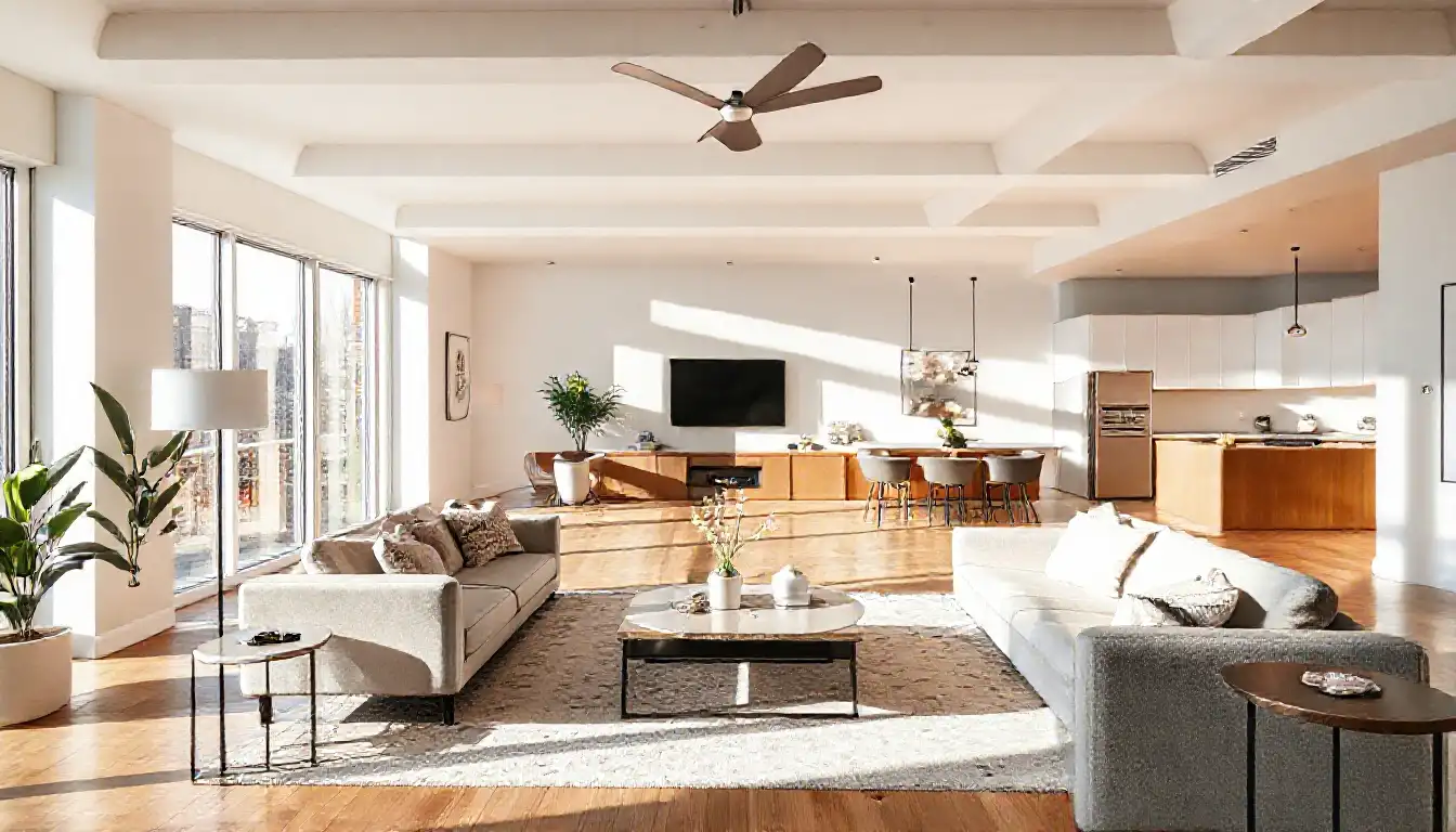Bright and airy open-concept living room in the new town house, with contemporary furniture, natural light, and hardwood floors
