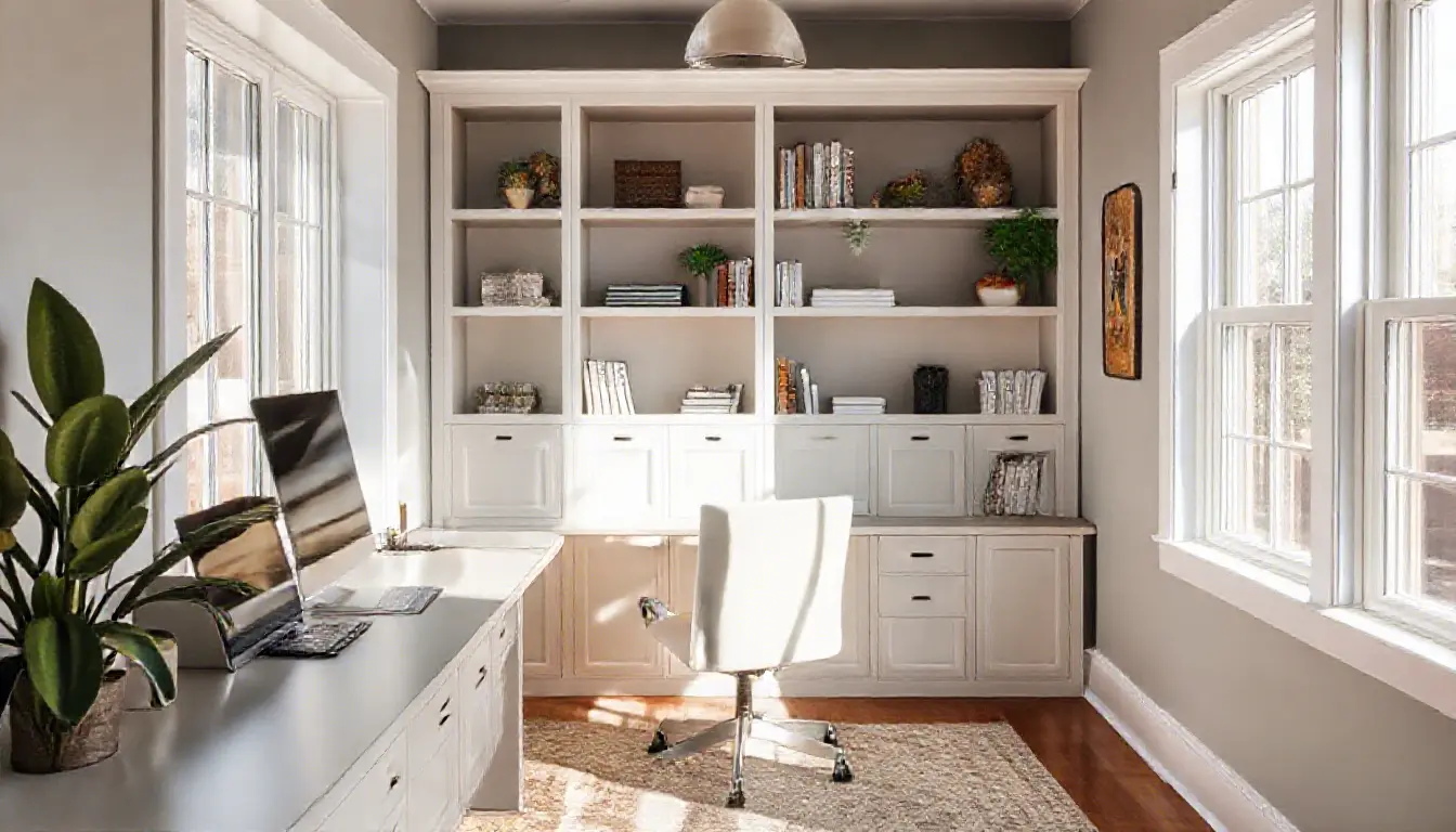 Cozy home office with built-in shelving and ample natural light, perfect for remote work, new townhouse interior