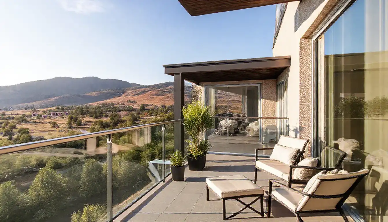 Private balcony with stunning views of the surrounding landscape, ideal for relaxation, modern townhouse design