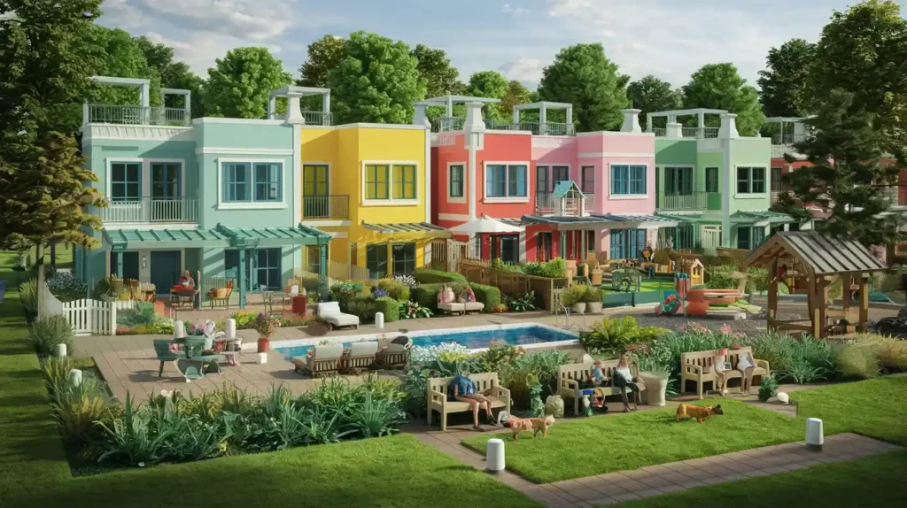 A vibrant and welcoming townhouse community with residents enjoying amenities or socializing