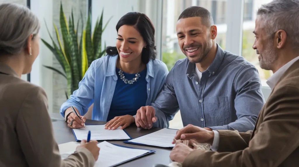 A happy couple signing documents at a closing table, symbolizing the excitement and achievement of purchasing their first townhouse.