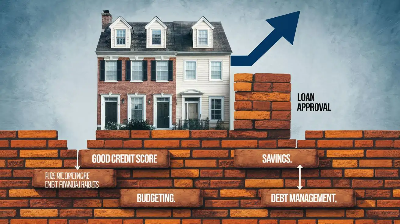 A stylized image of a townhouse built on a foundation of positive financial habits, such as good credit score, savings, budgeting, and debt management, illustrating the importance of financial preparedness for successful townhouse ownership.