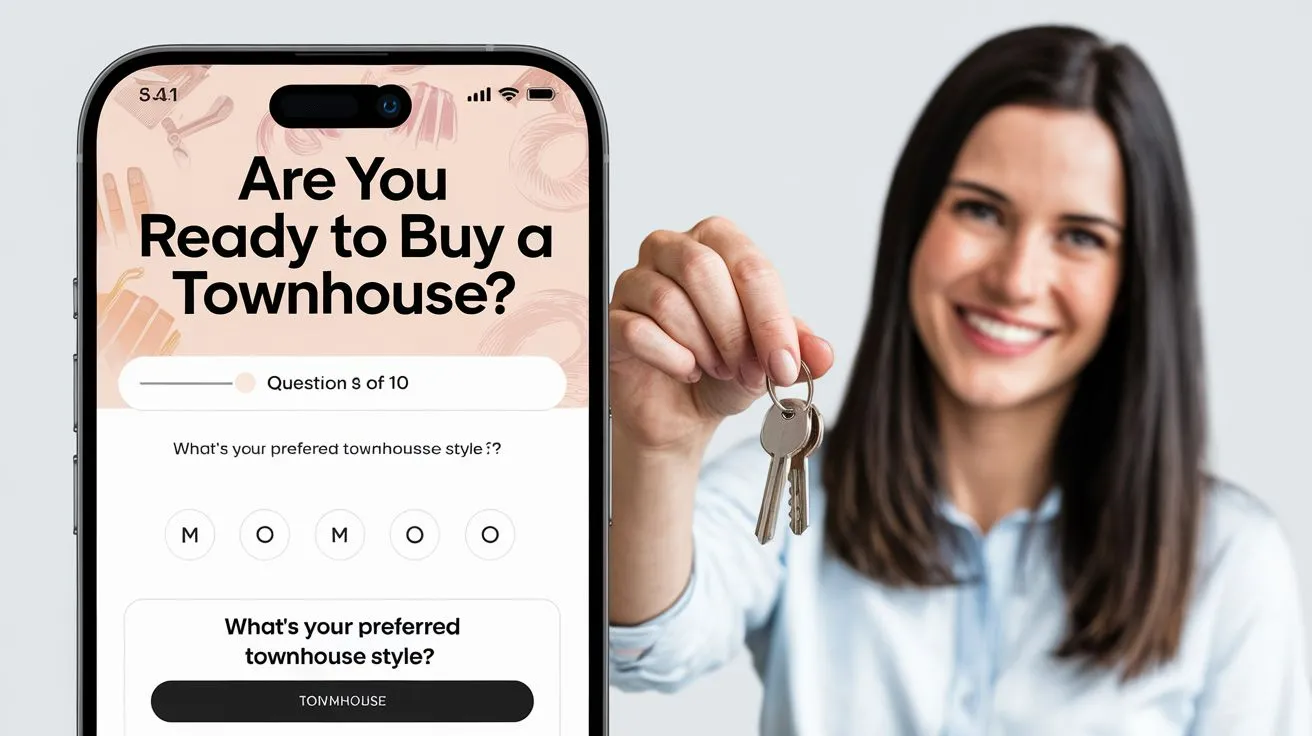 A smartphone displays an interactive quiz titled "Are You Ready to Buy a Townhouse?" encouraging users to assess their readiness for townhouse ownership and discover their ideal townhouse type.