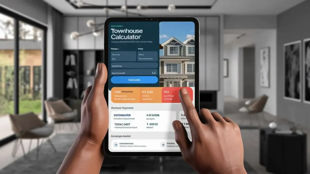A hand holding a smartphone displaying the user-friendly Townhouse Calculator interface, empowering users to estimate affordability, compare mortgage options, and take control of their home-buying journey.