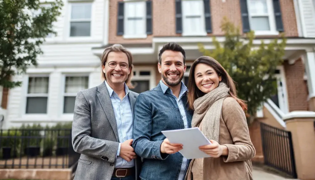 A team of supportive real estate professionals stands alongside a happy couple in front of their new townhouse, emphasizing the personalized guidance and assistance available to buyers throughout their home-buying journey.