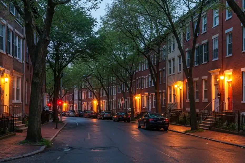 A beautifully lit South Philadelphia street at dusk, showcasing the classic architectural charm of brick rowhouses and a sense of peaceful community, and hinting at the availability of affordable townhouses in South Philly.