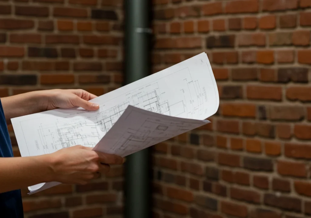 Detail shot of architectural blueprints held against an exposed brick wall, representing restoration expertise and historic preservation of a Philadelphia townhouse.