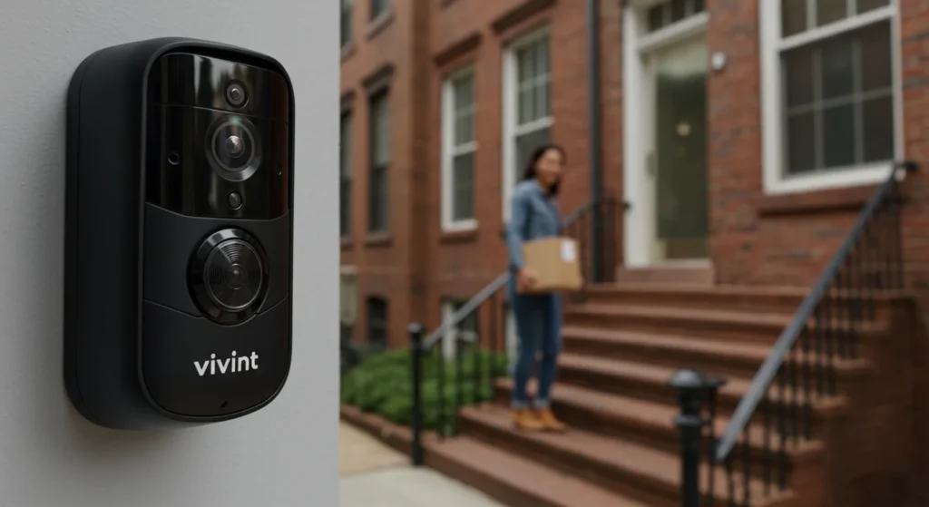 A view from a Vivint doorbell camera, showing a person delivering a package to a Philadelphia townhouse stoop.