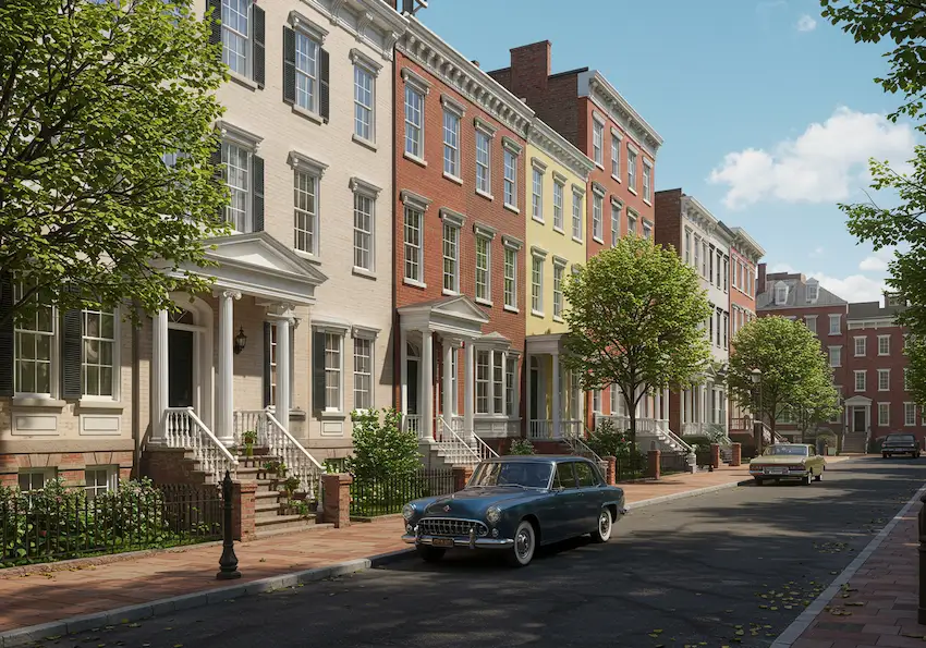 A street view of Fairmount showcasing its well-preserved townhouses and historical architecture.
