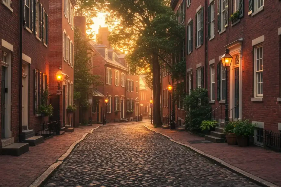 Philadelphia Historic Townhouses on a cobblestone street in Society Hill at sunrise. Evokes history and peaceful urban living.