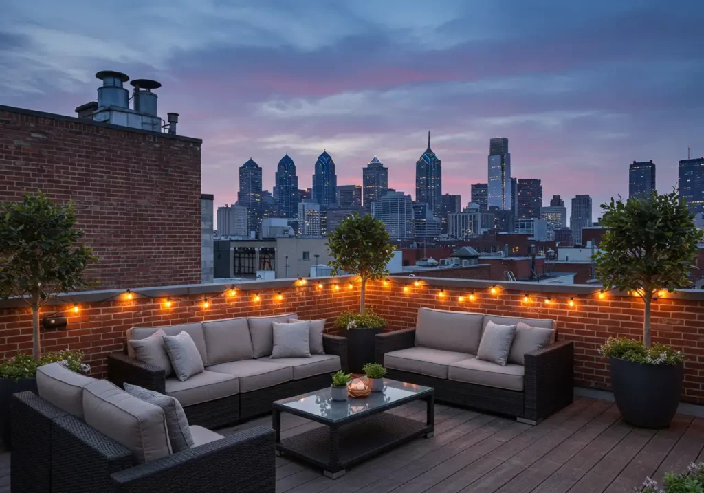 Stunning rooftop deck in Northern Liberties, Philadelphia, offering panoramic skyline views and a luxurious urban lifestyle. Design and premium location in Philadelphia.