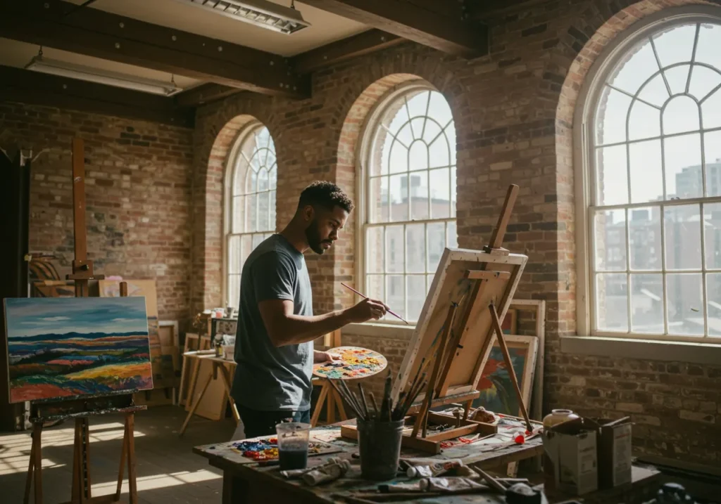 Artist working in a light-filled studio within a restored Philadelphia historic townhouse, showcasing the perfect blend of art and history.