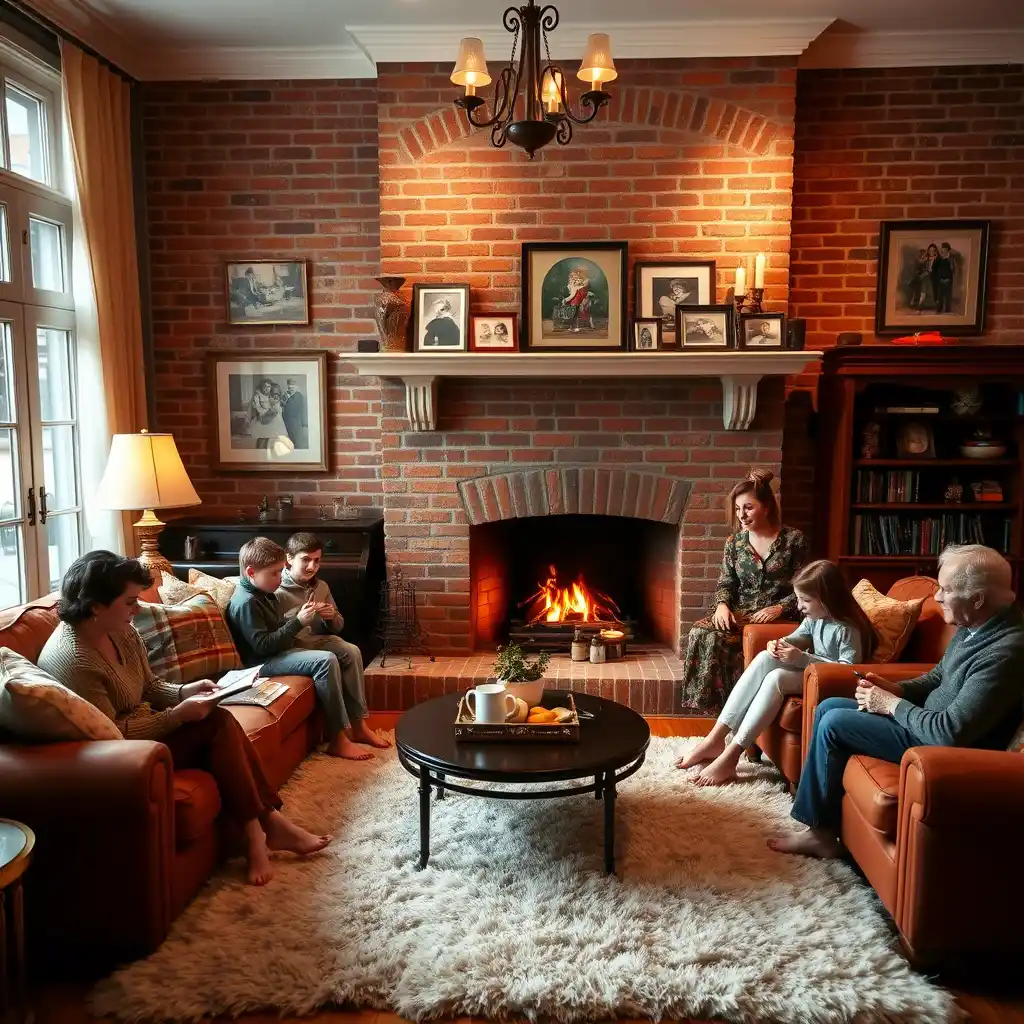 Family enjoying their beautifully restored Philadelphia historic townhouse with a cozy living room and historic fireplace.