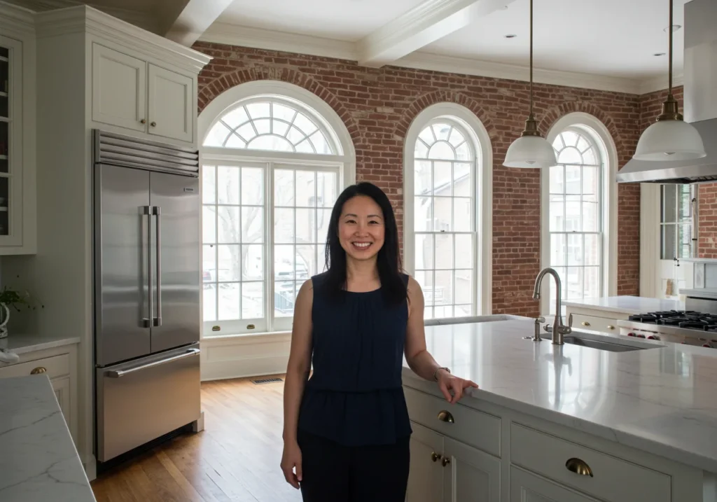 Happy homeowner in her beautifully renovated kitchen in a Philadelphia historic townhouse, seamlessly blending modern amenities and historic charm.