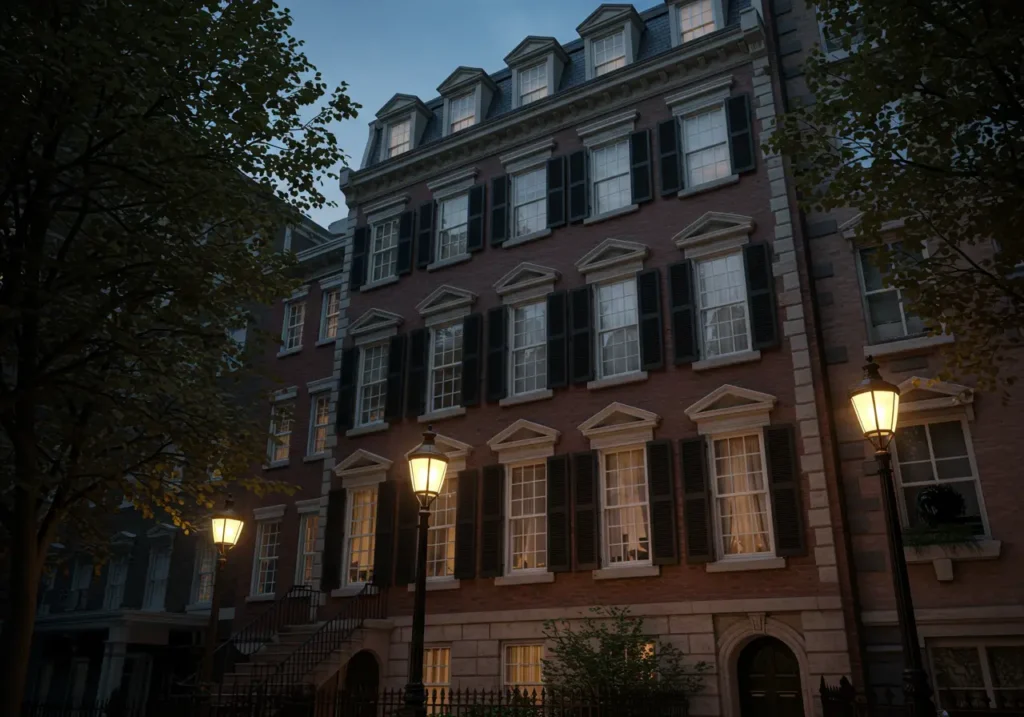 Exterior facade of Rittenhouse Square Historic Home at twilight.