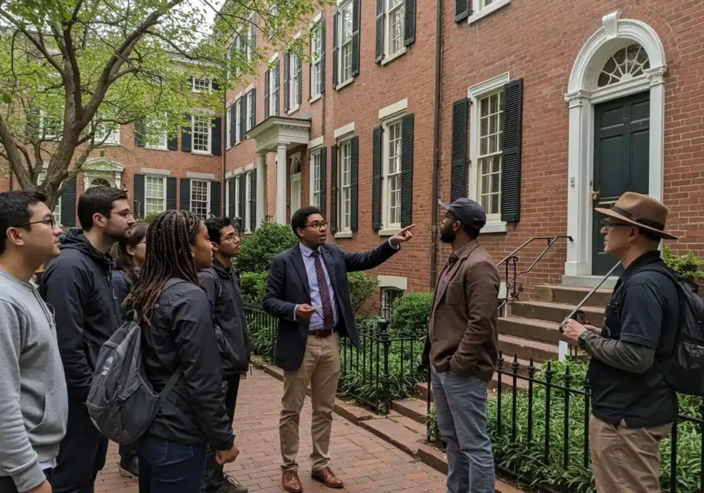 Group on a guided tour of historic townhouses in Rittenhouse Square, Philadelphia, experiencing the charm of Philadelphia's architectural heritage.
