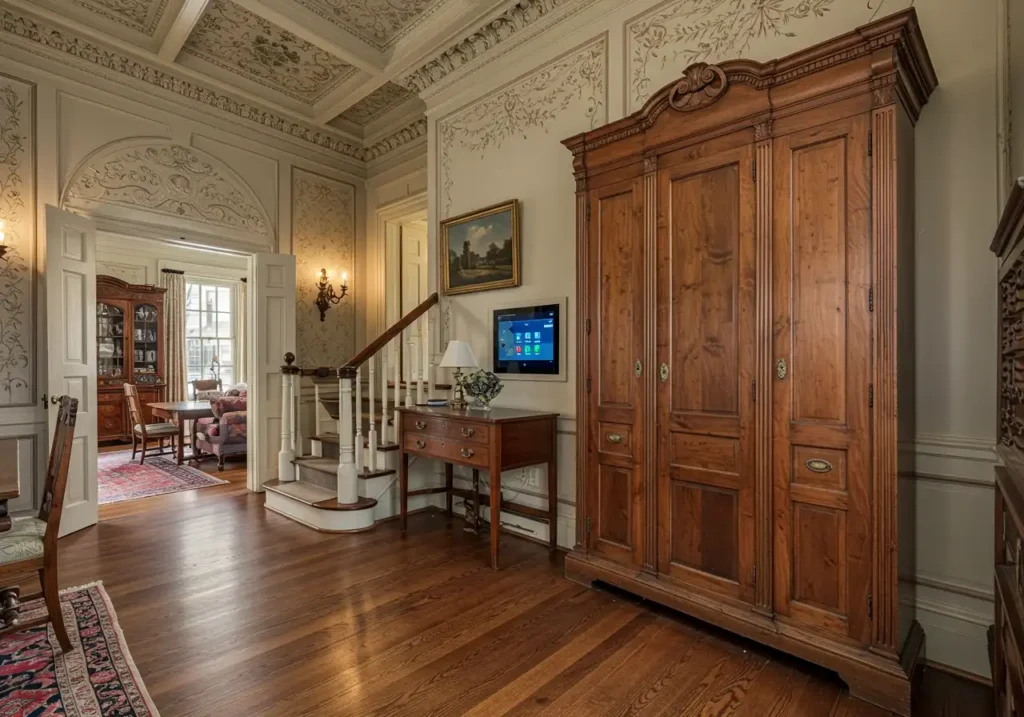 Smart home technology seamlessly integrated into the historic setting of a Philadelphia townhouse, demonstrating modern convenience within a classic design.