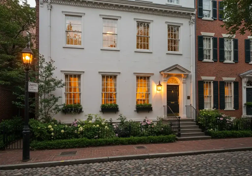 Stunning restored Federal-style Philadelphia historic townhouse in Society Hill neighborhood at sunset.