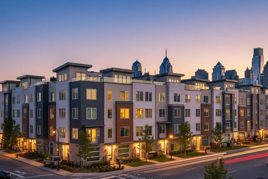 Exterior view of luxury modern townhouses in Philadelphia, showcasing contemporary architecture and rooftop terraces