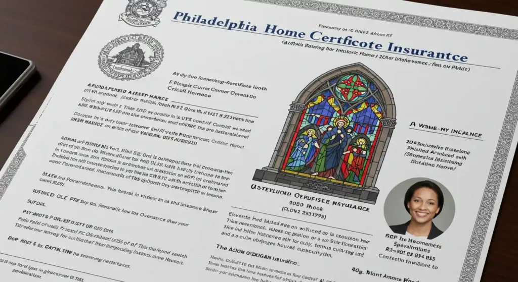 A sample homeowner's insurance certificate showing specialized coverage for valuable stained glass assets.