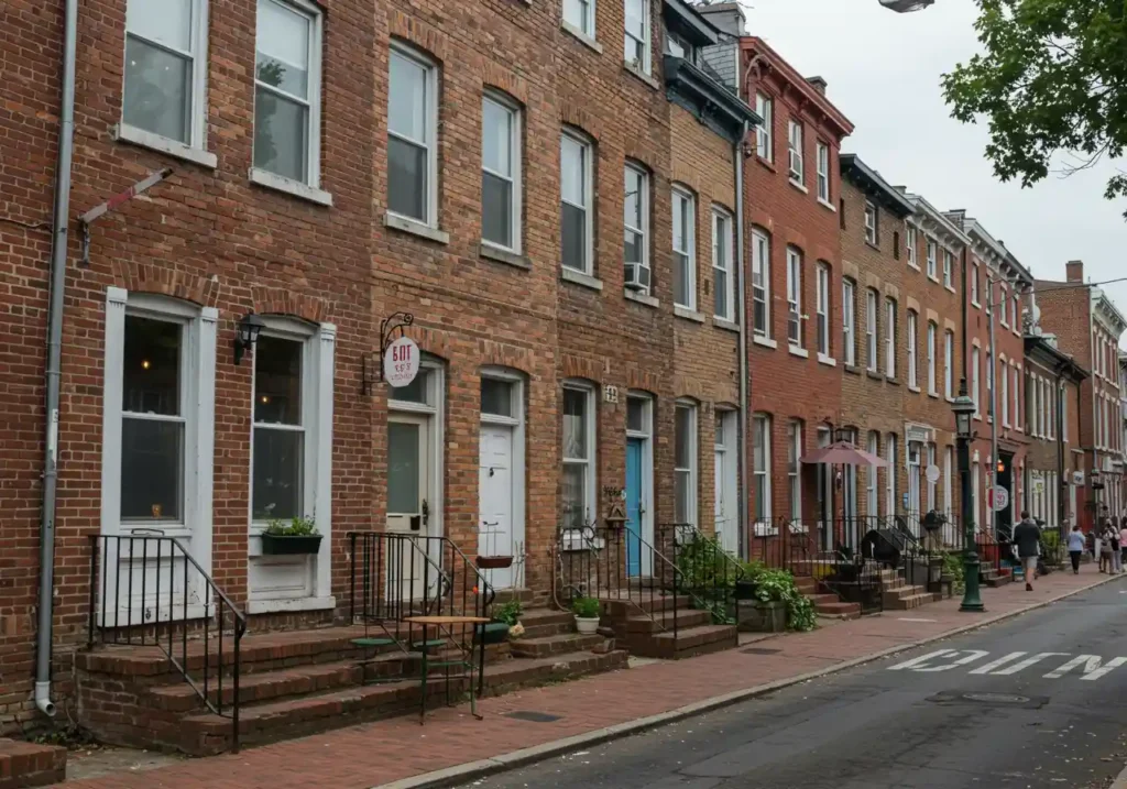 Charming street in Fishtown, Philadelphia, showcasing exposed brick row houses, street art, and a thriving cafe culture. Illustrative of the neighborhood's creative energy and urban appeal.