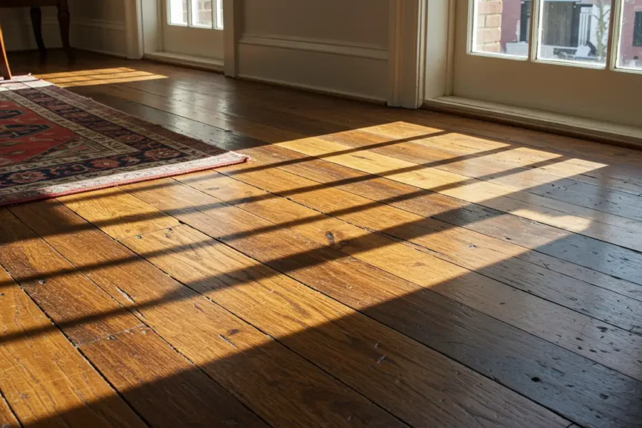 Close-up view of The Best Philly Townhouses with Original Hardwood Floors showcasing the rich patina and timeless beauty of aged wood. The image represents the living gallery aspect of historic homes.