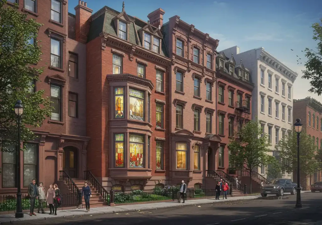 An elegant brownstone in Rittenhouse Square featuring a prominent stained glass bay window.