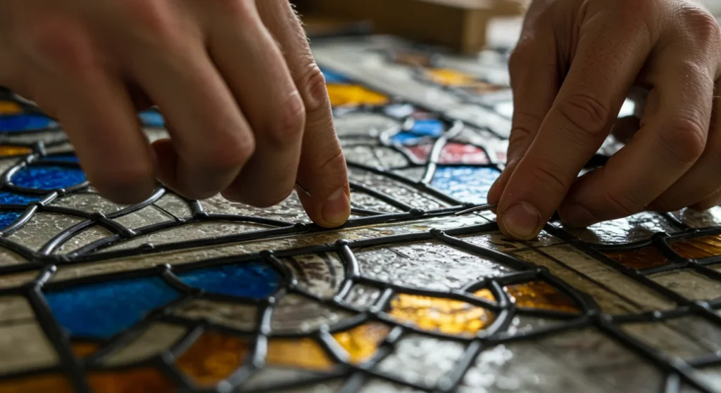 A close-up view of a craftsman restoring a stained glass window, replacing lead came with meticulous detail