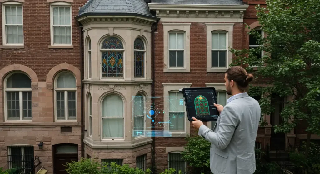 AI helping an architect evaluate a property, with his digital tablet, using AI to classify historic architecture, virtual evaluation of stained glass