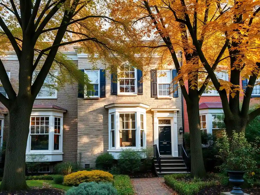 Charming Chestnut Hill townhouse with stone facade and well-maintained garden.