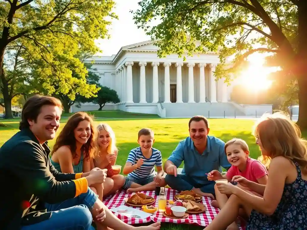 Family enjoying a picnic in front of the Philadelphia Museum of Art in Fairmount.