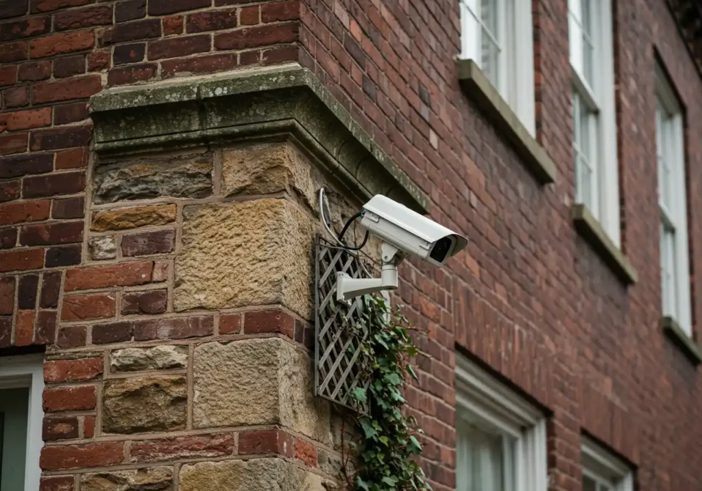 HOA-approved outdoor security camera, discreetly placed on a Philadelphia rowhome