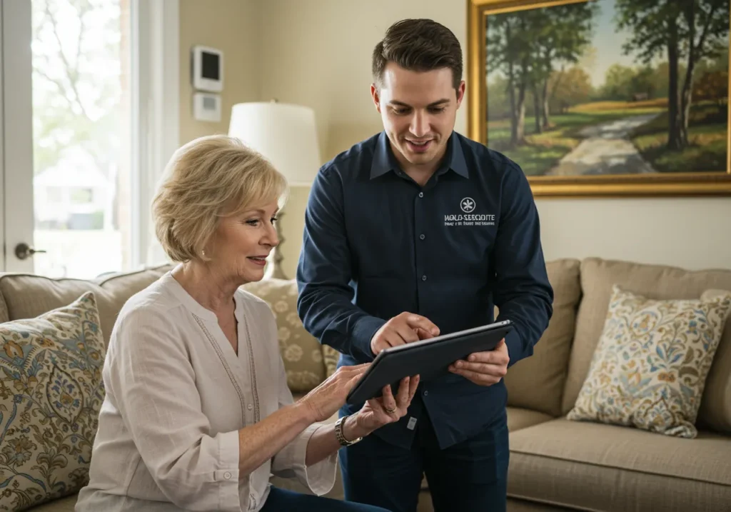 Home security consultation in a Philadelphia living room, with a specialist and homeowner discussing security options.