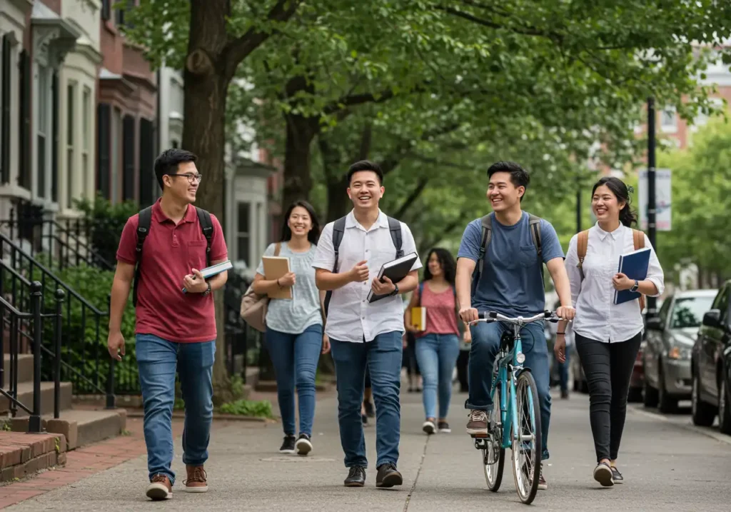 A diverse group of students strolling through a tree-lined street near a subtle Penn or Drexel landmark, carrying books and laptops. The scene highlights community vibes and convenient access to campus, perfectly complementing the 'Townhouse Sale Near University City.'