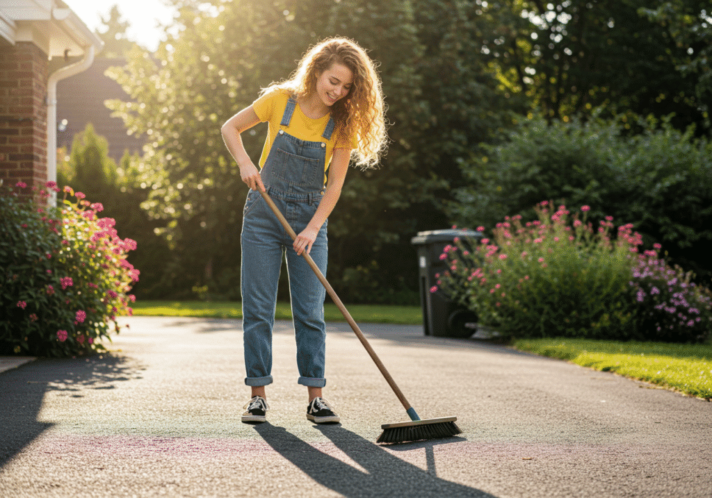 a woman cleaning her driveway