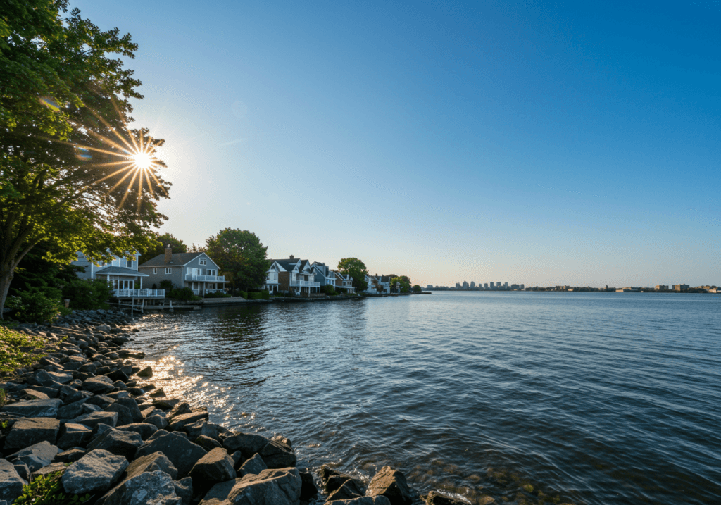Throggs Neck Waterfront with a clear blue sky