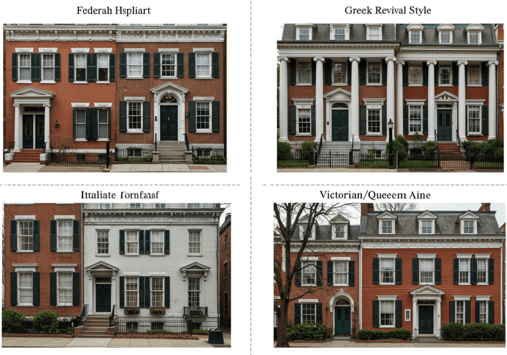 A visually appealing collage showcasing representative architectural details of Federal, Greek Revival, Italianate, and Victorian townhouse styles.