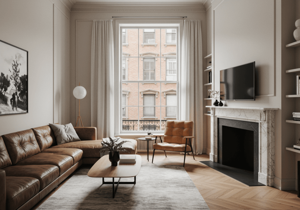 An interior view of a modernly renovated townhouse in Boerum Hill, subtly hinting at the preserved historic facade through window views or a retained architectural detail.
