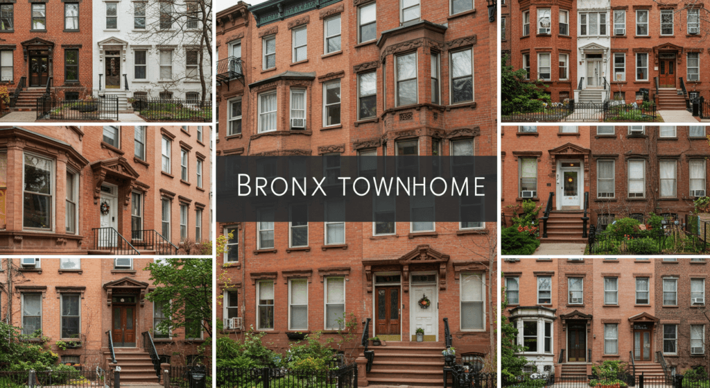 A collage of Bronx townhomes featuring the archietectural details like the brick and stoops.