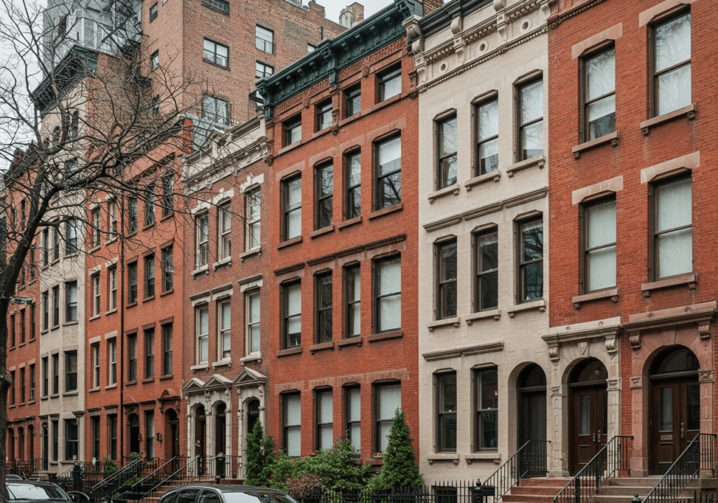 A row of beautifully preserved Neo-Grec or Renaissance Revival townhouses in Harlem's Striver's Row.