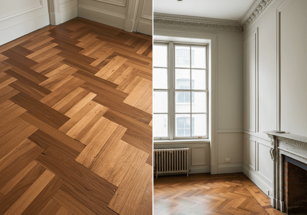 before and after" style image (can be a single image with a clear division) showcasing a restored original detail in a historic townhouse (e.g., a section of parquet flooring cleaned and refinished, a restored window).