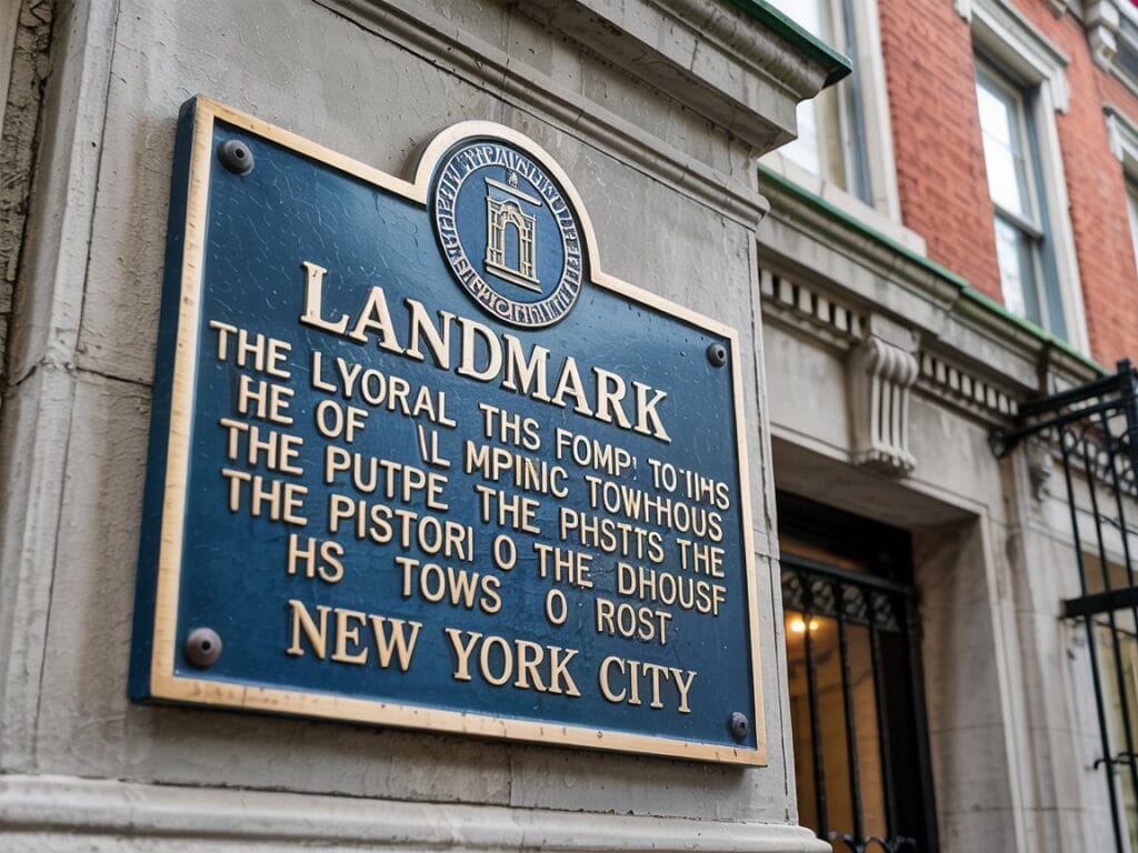A close-up photograph of an official landmark plaque on the exterior of a historic NYC townhouse.