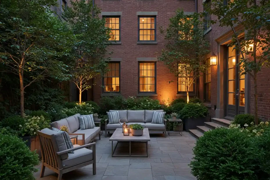 Warmly lit Manhattan townhouse garden at dusk, showcasing an urban oasis with lush greenery and comfortable seating.