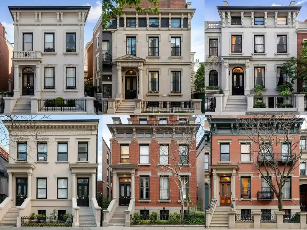 Collage showcasing Federal, Greek Revival, Italianate, Neo-Grec, and Queen Anne architectural styles of Manhattan townhouses