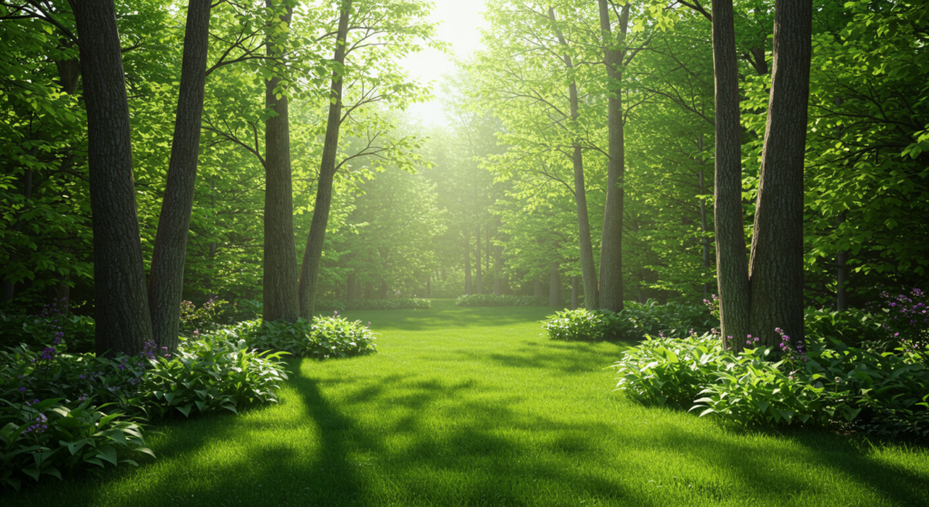 A quiet green garden with green tall trees and quiet lush green on a sunny day