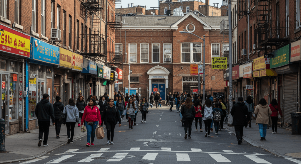 A diverse street with businesses and a school.
ImageFX Prompt: An active street in Mott Haven Bronx with a school and mom-and-pop shops lining the street. A diverse crowd walks down the street.