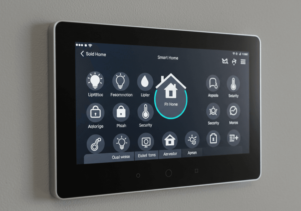 A sleek, integrated smart home control panel (touchscreen) mounted on a wall in a modern NYC townhouse.