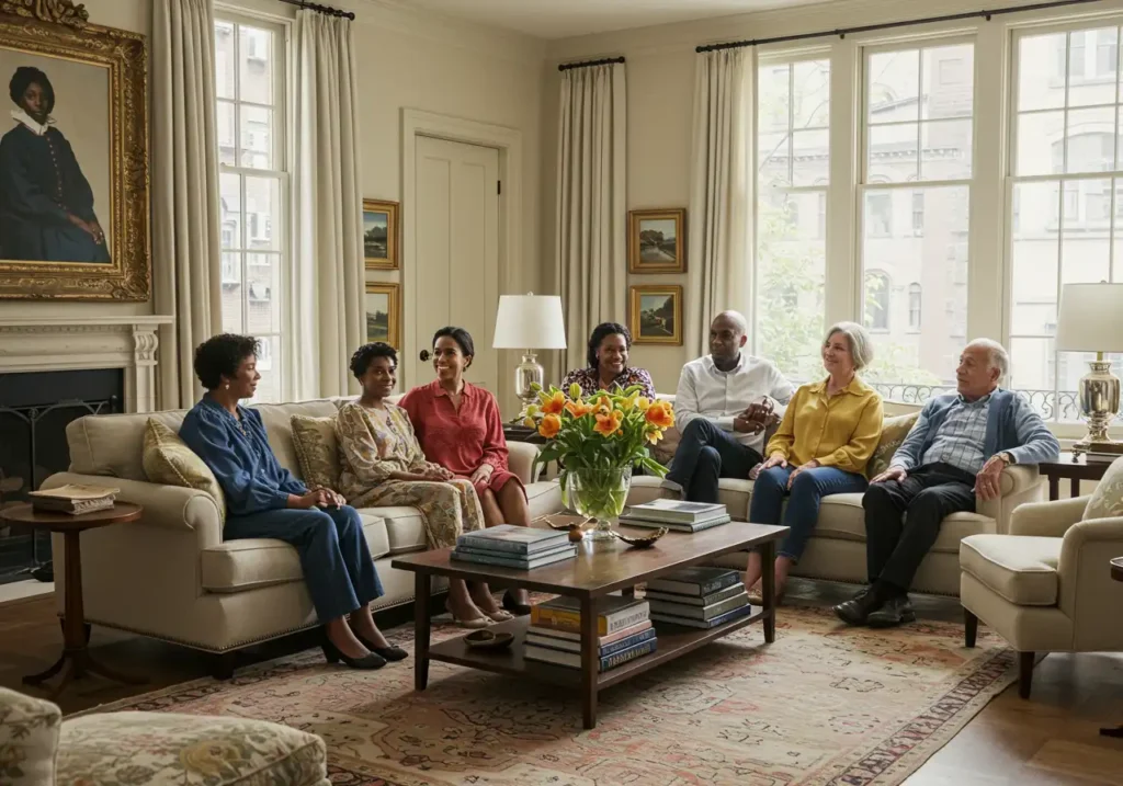 Multigenerational Patel family gathered in the light-filled living room of their Upper East Side townhouse