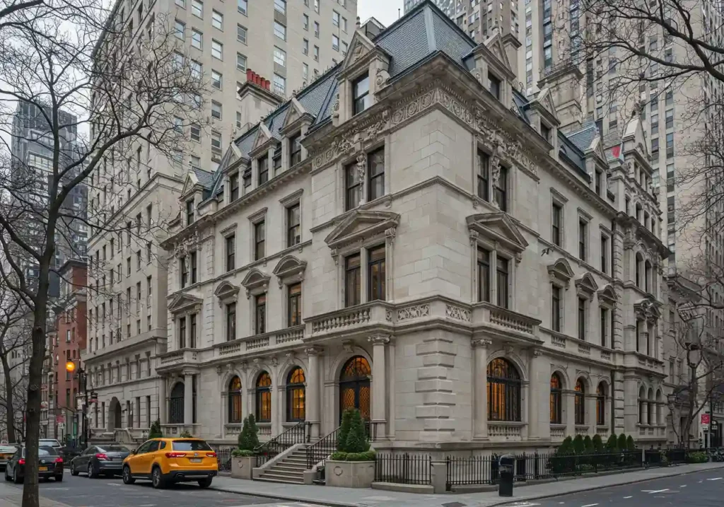 Luxurious limestone mansion on the Upper East Side, Manhattan, exuding old-world elegance.