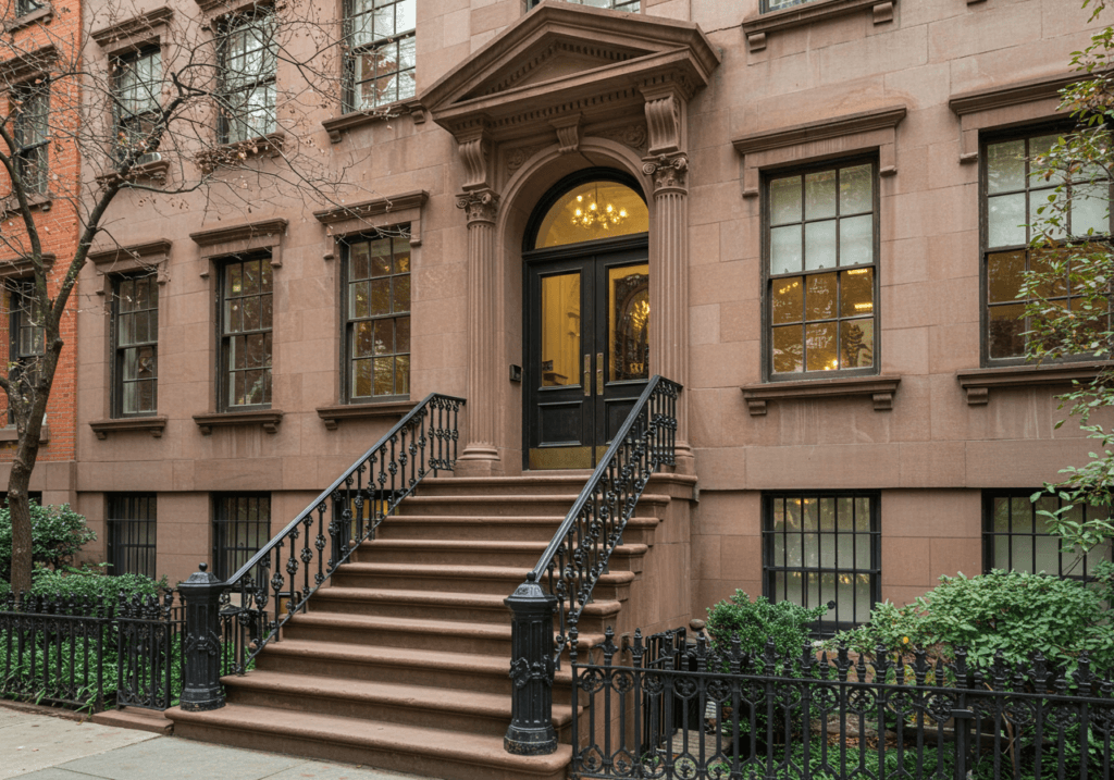 An elegant limestone townhouse on the Upper East Side with an elaborate stoop and ornate ironwork.